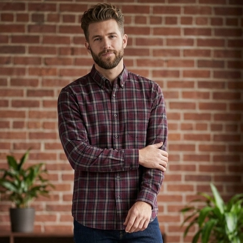 Uniqlo Men's Plaid Button Down Shirt in Burgundy and Gray
A2
